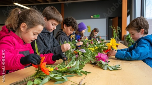 Children create floral arrangements with colorful flowers and greenery at a workshop