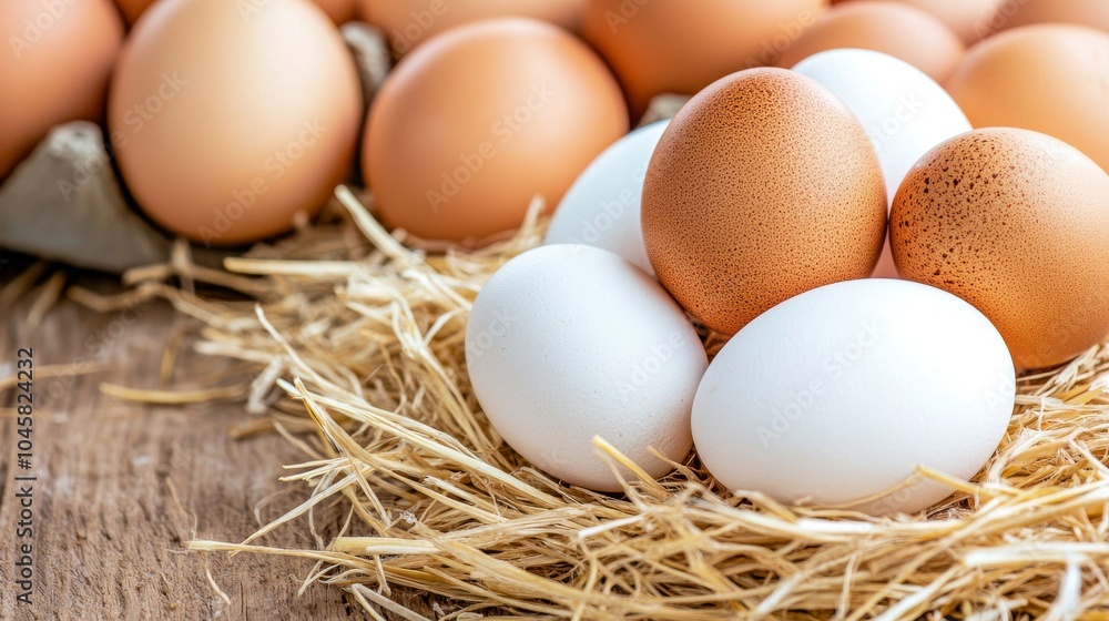 Varios huevos marrones y blancos descansan sobre paja en una superficie de madera, destacando su origen natural y frescura.
Varios huevos marrones y blancos descansan sobre paja en una superficie de madera, destacando su origen natural y frescura.