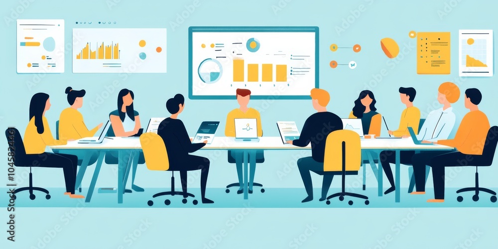 A simple drawing of a board meeting. People are seated around a table, with charts on the wall and a presentation screen. The image uses flat colors and a minimalist style. A simple drawing of a board meeting. People are seated around a table, with charts on the wall and a presentation screen. The image uses flat colors and a minimalist style.