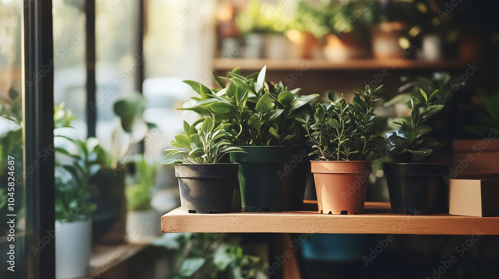 Fototapeta premium Sunlit indoor shelves with potted plants. The serene composition features a variety of indoor plants arranged on wooden shelves, bathed in natural sunlight filtering through blinds, creating a calm an