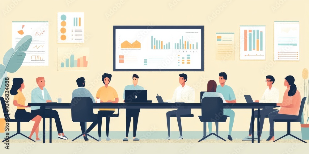 A simple drawing of a board meeting. People are seated around a table, with charts on the wall and a presentation screen. The image uses flat colors and a minimalist style. A simple drawing of a board meeting. People are seated around a table, with charts on the wall and a presentation screen. The image uses flat colors and a minimalist style.