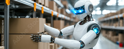 Humanoid Robot Carrying a Box in a Smart Warehouse.