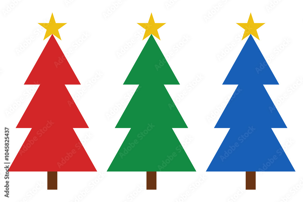 Obraz premium red green and blue three christmas trees with golden star on white background.