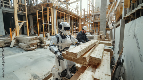 Android Robots Assisting in Construction with Wooden Beams.