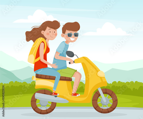 Man and Woman Ride Scooter Travel with Backpack Enjoy Vacation Vector Illustration