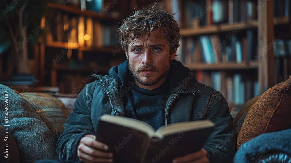 A young man sits on a couch in a library, reading a book. He is looking directly at the camera, with a serious expression on his face. The bookshelf behind him is filled with books. A young man sits on a couch in a library, reading a book. He is looking directly at the camera, with a serious expression on his face. The bookshelf behind him is filled with books.