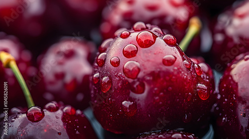 Ripe red cherries glistening with water droplets, ready to be enjoyed, Cherries, Red, Fruit, Fresh, Juicy, Sweet, Refreshing 