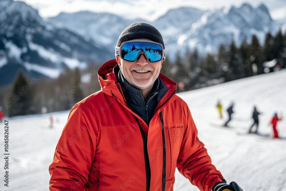 Happy mature elderly man skiing in the Alps mountains. Senior man enjoying ski vacation in alpine resort. Active retirement. Healthy winter sport for every age Happy mature elderly man skiing in the Alps mountains. Senior man enjoying ski vacation in alpine resort. Active retirement. Healthy winter sport for every age