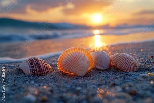 A serene beach scene featuring seashells on the sand at sunset.