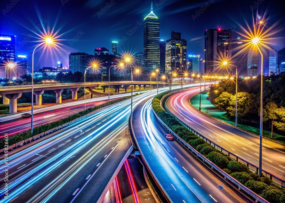 Fototapeta premium Nighttime City Highway with Road Markings for Urban Landscape Photography