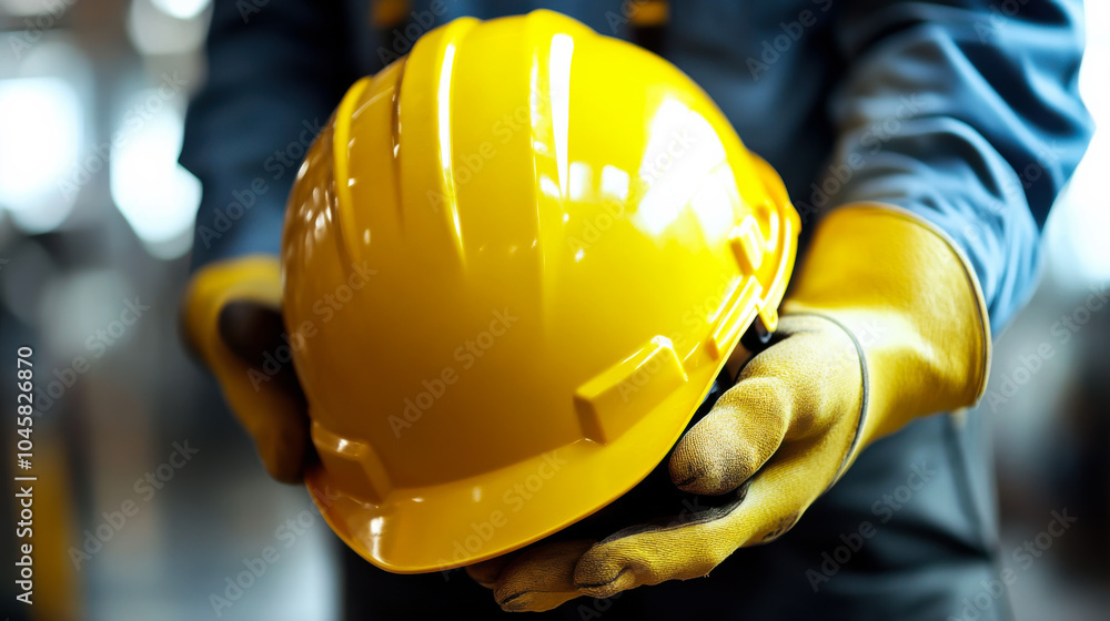 A construction worker holds a bright yellow hard hat with gloves in a workshop during daytime, emphasizing safety at work A construction worker holds a bright yellow hard hat with gloves in a workshop during daytime, emphasizing safety at work