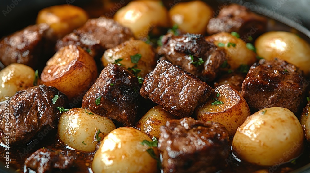Close-up of a pot of beef stew with potatoes and herbs. Close-up of a pot of beef stew with potatoes and herbs.