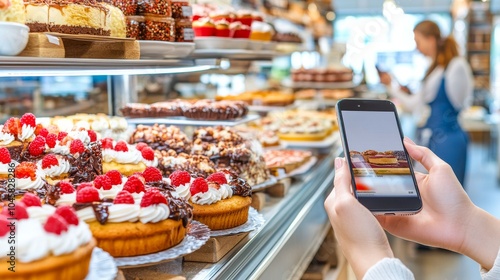 Persona tomando una fotografía de una vitrina llena de pasteles y tartas con su teléfono móvil en una tienda de postres.


