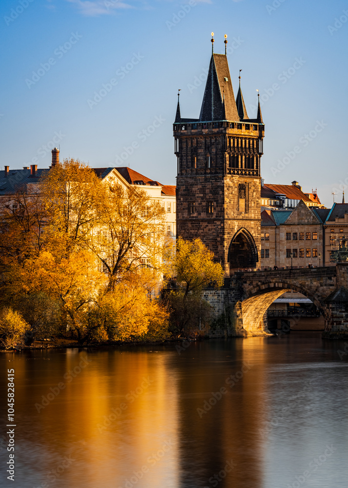 Fototapeta premium city prague river bridge europe night castle architecture sunset church water town travel tower prague reflection building czech old panorama winter skyline cathedral sky light Fog,dawn, autumn