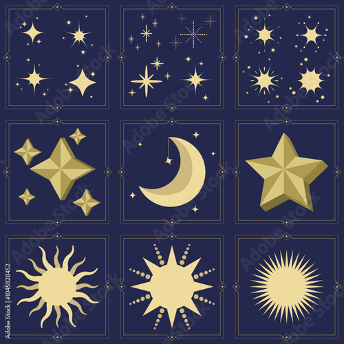 Set of vector images of the moon sun and stars