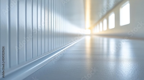 A perspective view of a long, bright corridor with light streaming through windows.