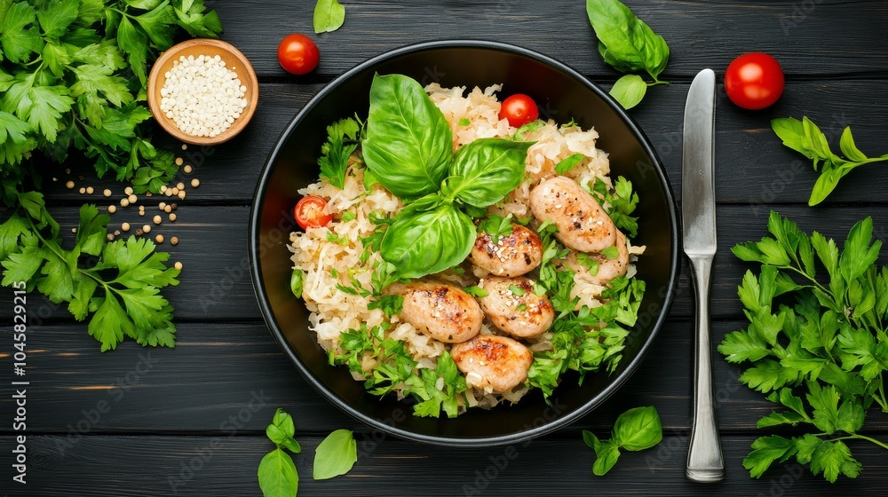 Un plato de arroz servido con trozos de carne asada y hojas de albahaca fresca, decorado con tomates cherry, representando una comida completa y saludable.
Un plato de arroz servido con trozos de carne asada y hojas de albahaca fresca, decorado con tomates cherry, representando una comida completa y saludable.