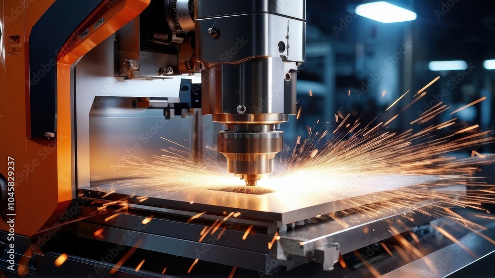 A close-up of a CNC machine cutting metal, producing sparks in an industrial setting. A close-up of a CNC machine cutting metal, producing sparks in an industrial setting.