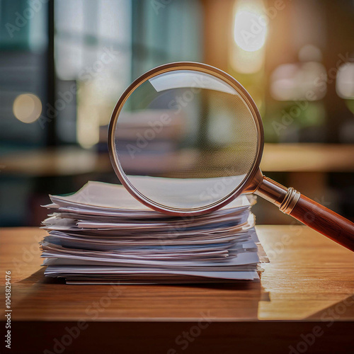 Imagem de concentração e foco no trabalho, com uma lupa e uma pilha de papéis prontos para revisão.