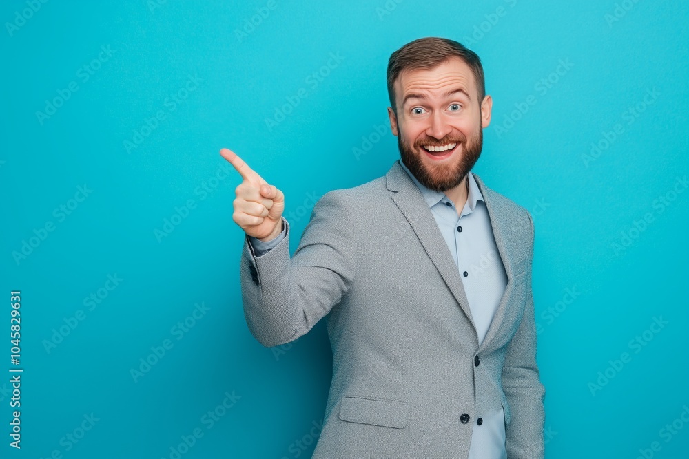 Portrait of cheerful businessman pointing at copy space for advertising against blue background Portrait of cheerful businessman pointing at copy space for advertising against blue background