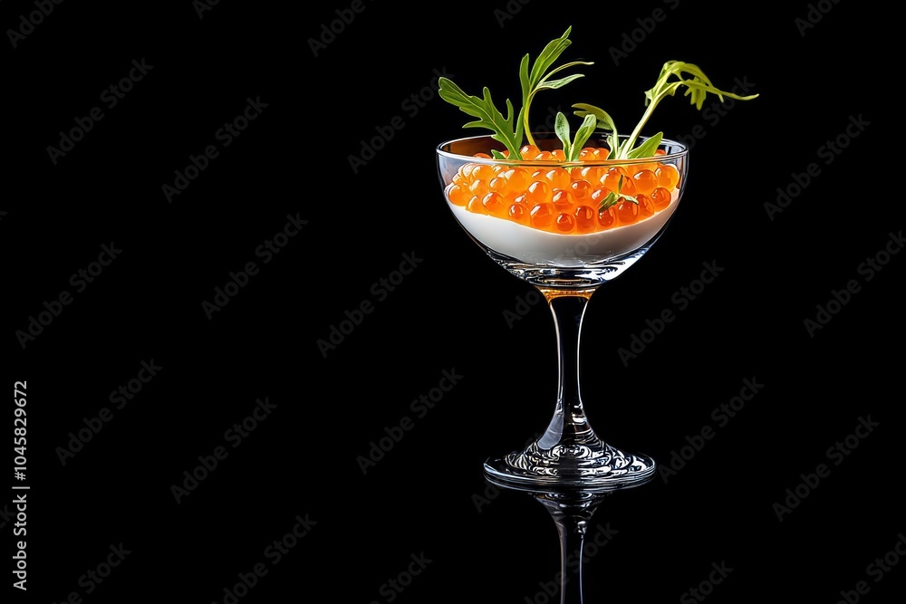 Un elegante vaso de cristal con huevas de salmón, acompañado de crema y adornado con hojas verdes frescas, colocado sobre un fondo negro que resalta el color naranja de las huevas.
Un elegante vaso de cristal con huevas de salmón, acompañado de crema y adornado con hojas verdes frescas, colocado sobre un fondo negro que resalta el color naranja de las huevas.