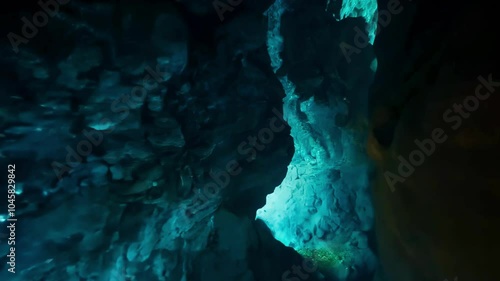 Wallpaper Mural FPV Drone Flying Through Mysterious Cave Passage with Stunning Blue Light Effects. Concept of Exploration, Adventure, Thrill-Seeking, and Nature's Wonders Torontodigital.ca