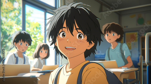 Animated classroom scene with cheerful young boy and classmates