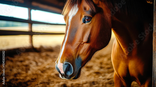 Majestic Chestnut Stallion Close-Up in Rustic Barn Setting