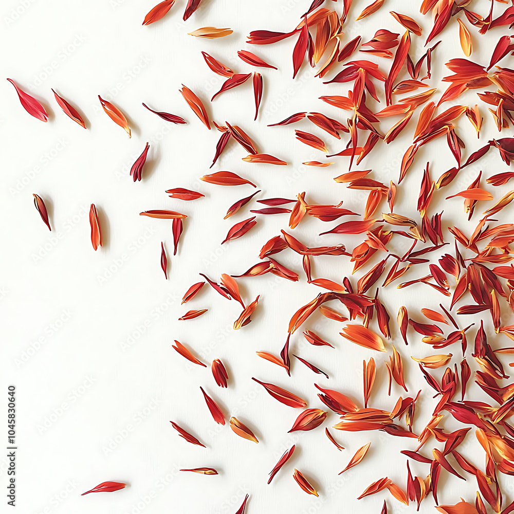 Vibrant safflower petals scattered on a white background Vibrant safflower petals scattered on a white background