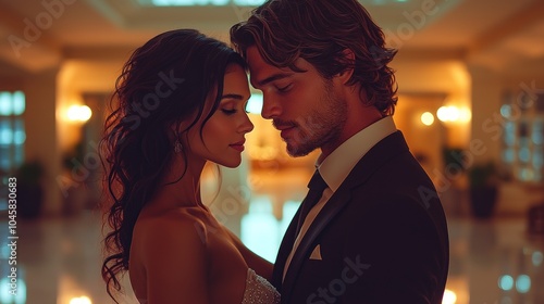 A romantic moment between a couple in an elegant setting, showcasing intimacy and connection.