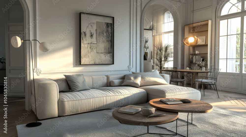 Fototapeta premium Modern living room with natural light, stylish decor, and a cozy atmosphere in an elegant home setting