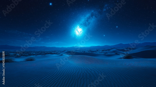 Moonlit Serenity: Enchanting Night Over Rolling Desert Dunes and Starry Sky