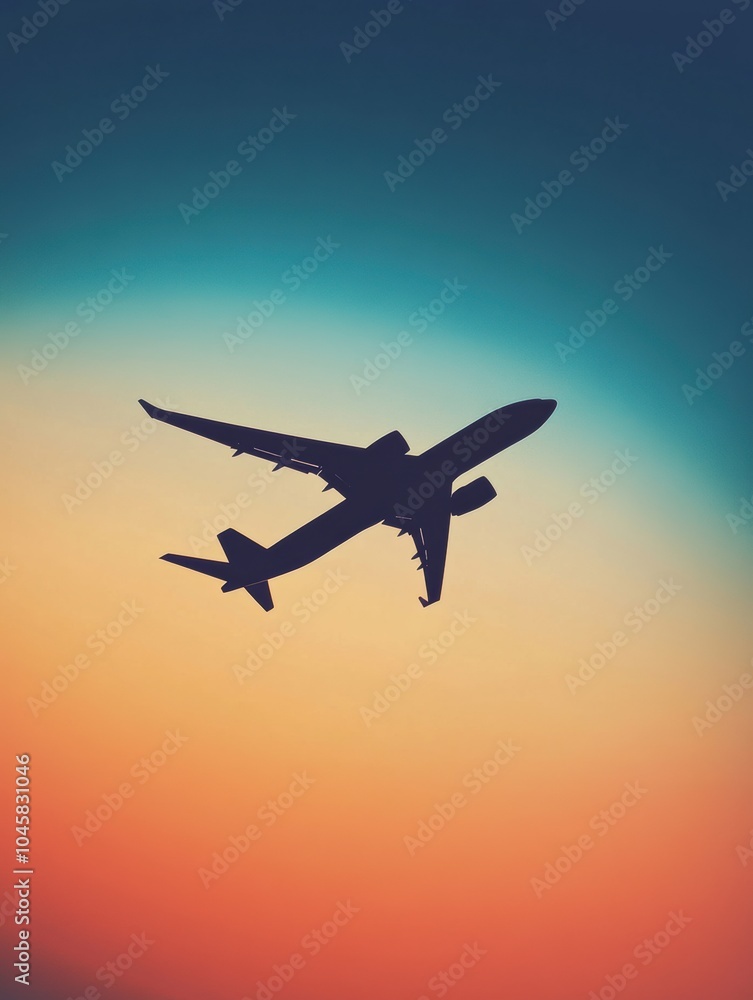A sleek airplane silhouette soars through a stunning gradient sky at sunset, capturing the excitement and freedom of travel. Generative AI A sleek airplane silhouette soars through a stunning gradient sky at sunset, capturing the excitement and freedom of travel. Generative AI