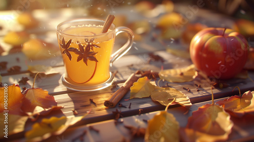 Hot Apple Cider with Cinnamon in Autumn Ambiance