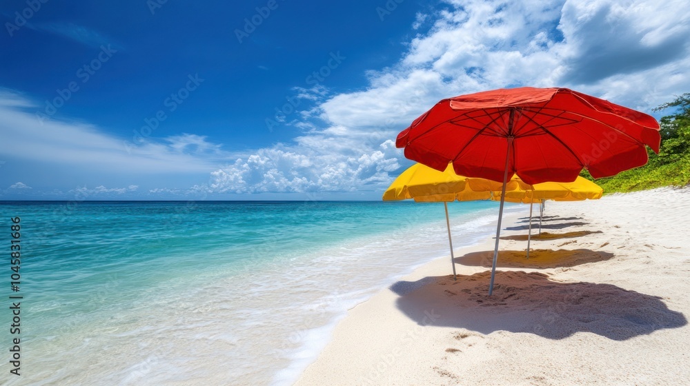 Fototapeta premium Colorful beach umbrellas on a white sandy beach with turquoise water and blue sky.