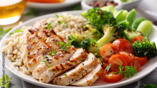 Balanced plate with lean protein, steamed vegetables, and whole grains