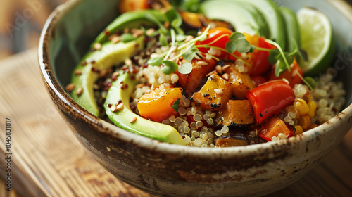 Quinoa and roasted vegetable bowl with avocado and a sprinkle of seeds