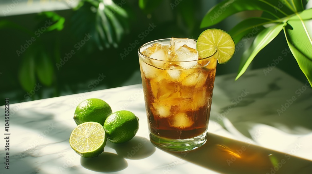 Fototapeta premium A glass of Long Island iced tea with lime and limes on the side.