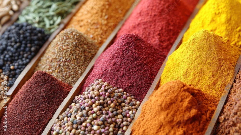 Fototapeta premium Colorful spices arranged in wooden boxes at a market.