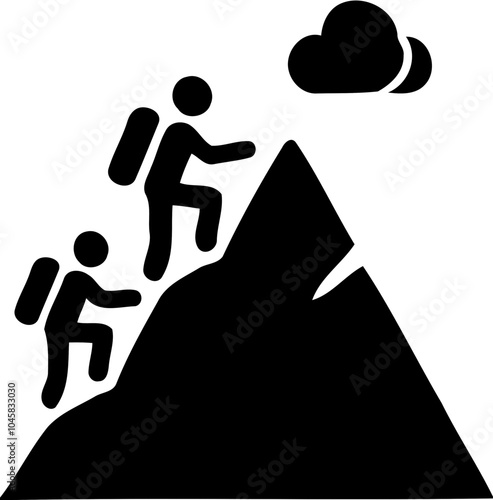 Silhouette of two hikers climbing a mountain, outdoor adventure and trekking icon
