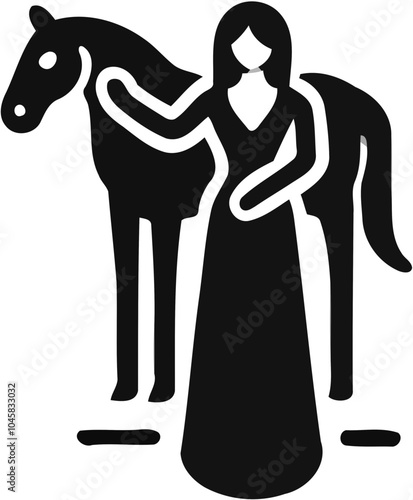 Silhouette of woman standing beside horse, equestrian and animal companionship icon
