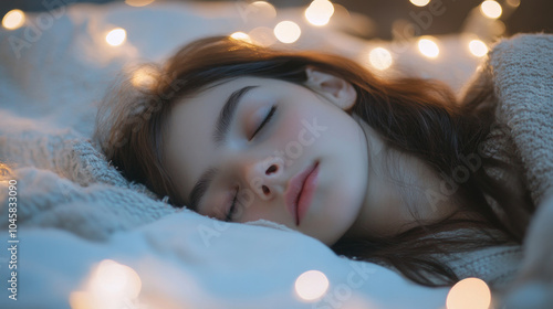 A young woman peacefully sleeps in a cozy bed illuminated by soft, warm string lights, creating an atmosphere of tranquility and comfort in the room. photo