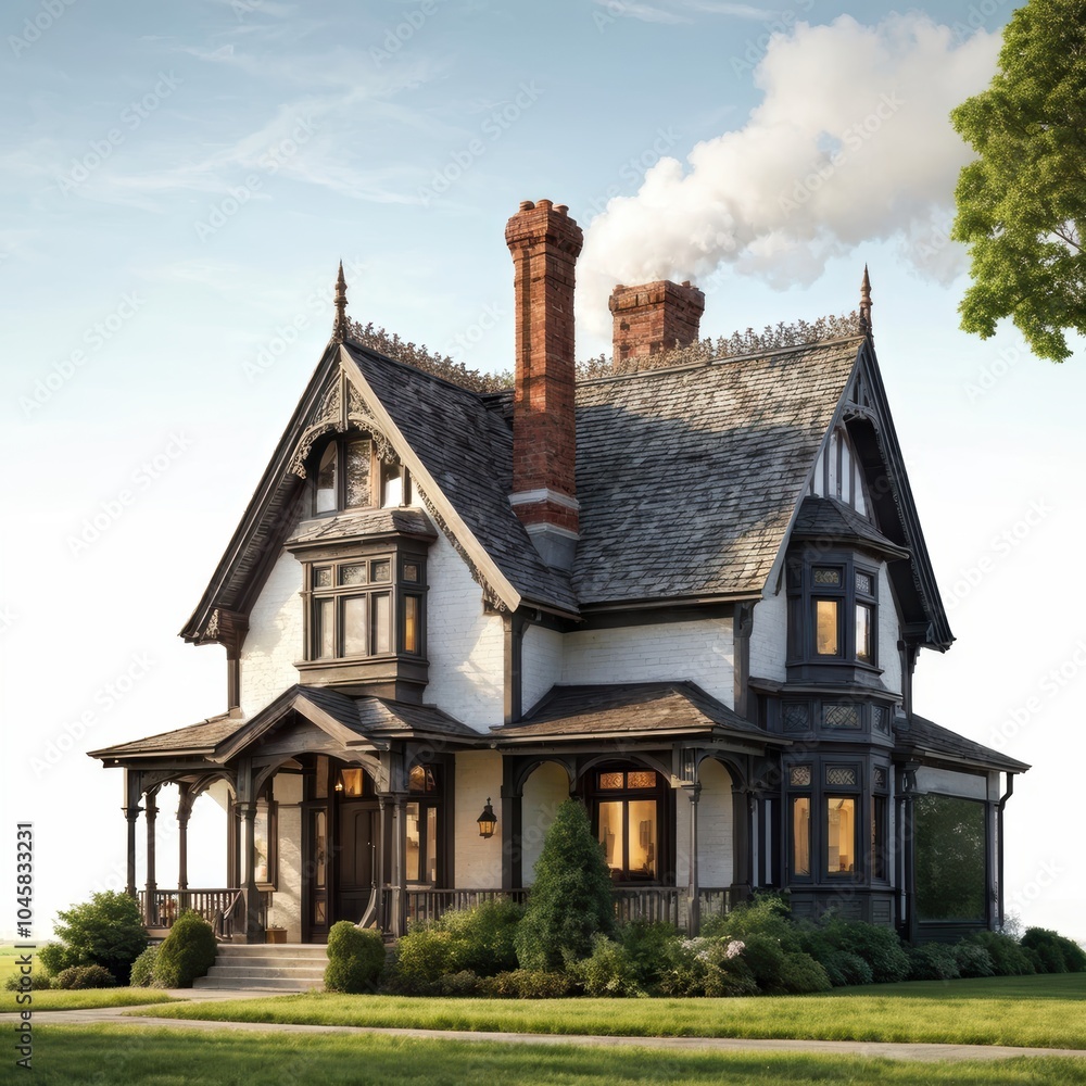 A charming Victorian-style house with smoke rising from the chimneys, set in a serene landscape. A charming Victorian-style house with smoke rising from the chimneys, set in a serene landscape.