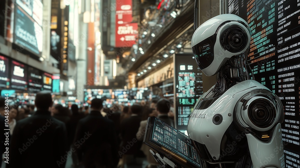 Fototapeta premium AI robot working alongside human traders in a bustling futuristic stock exchange.