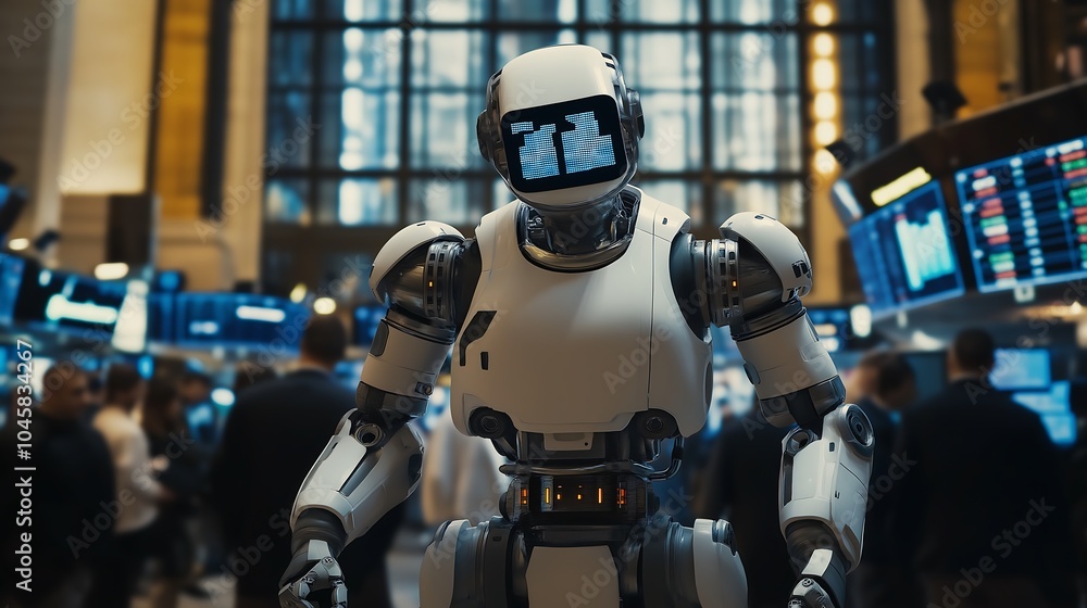 AI robot working alongside human traders in a bustling futuristic stock exchange. AI robot working alongside human traders in a bustling futuristic stock exchange.