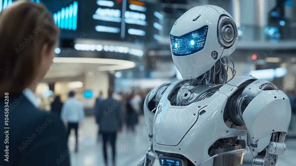 AI robot working alongside human traders in a bustling futuristic stock exchange. AI robot working alongside human traders in a bustling futuristic stock exchange.