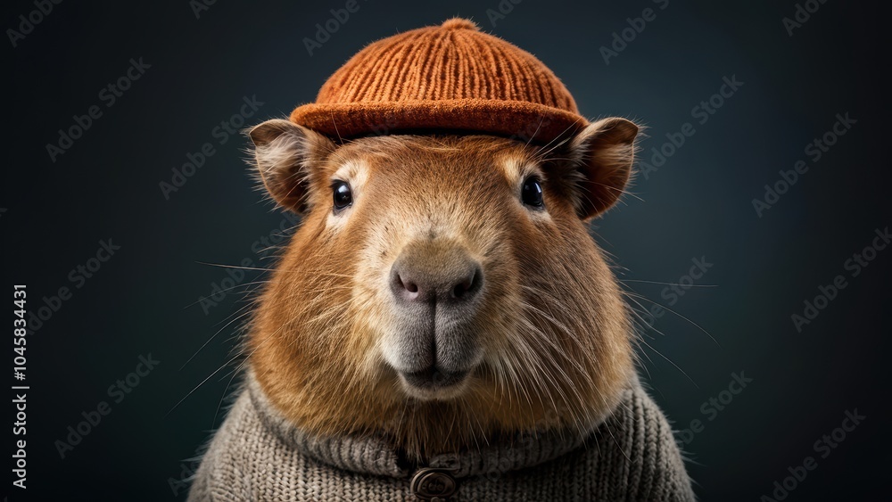 Fototapeta premium A capybara wearing a knitted hat and sweater, posing against a dark background.