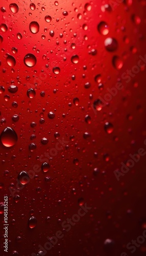 A close-up view of water droplets on a red surface, creating an abstract and vibrant atmosphere. Ideal for backgrounds, product presentations, or artistic projects.