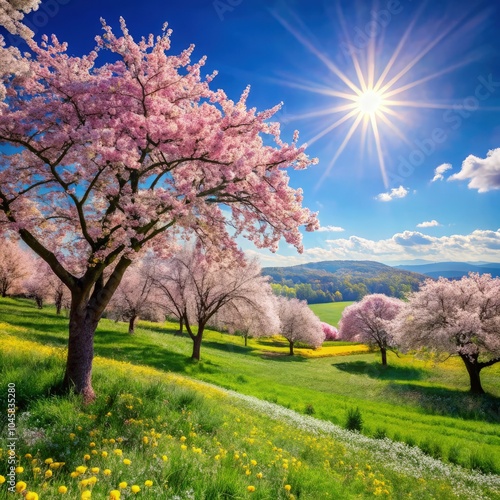 A vibrant spring landscape features blooming cherry trees under a clear sky. Generative AI