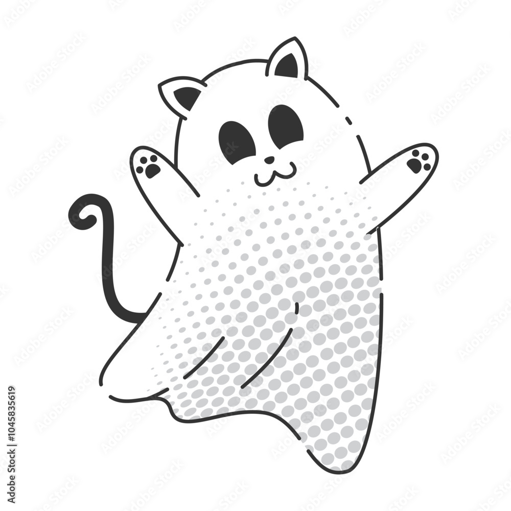 Fototapeta premium Happy cartoon ghost with cat ears and tail, halftone effect, Vector